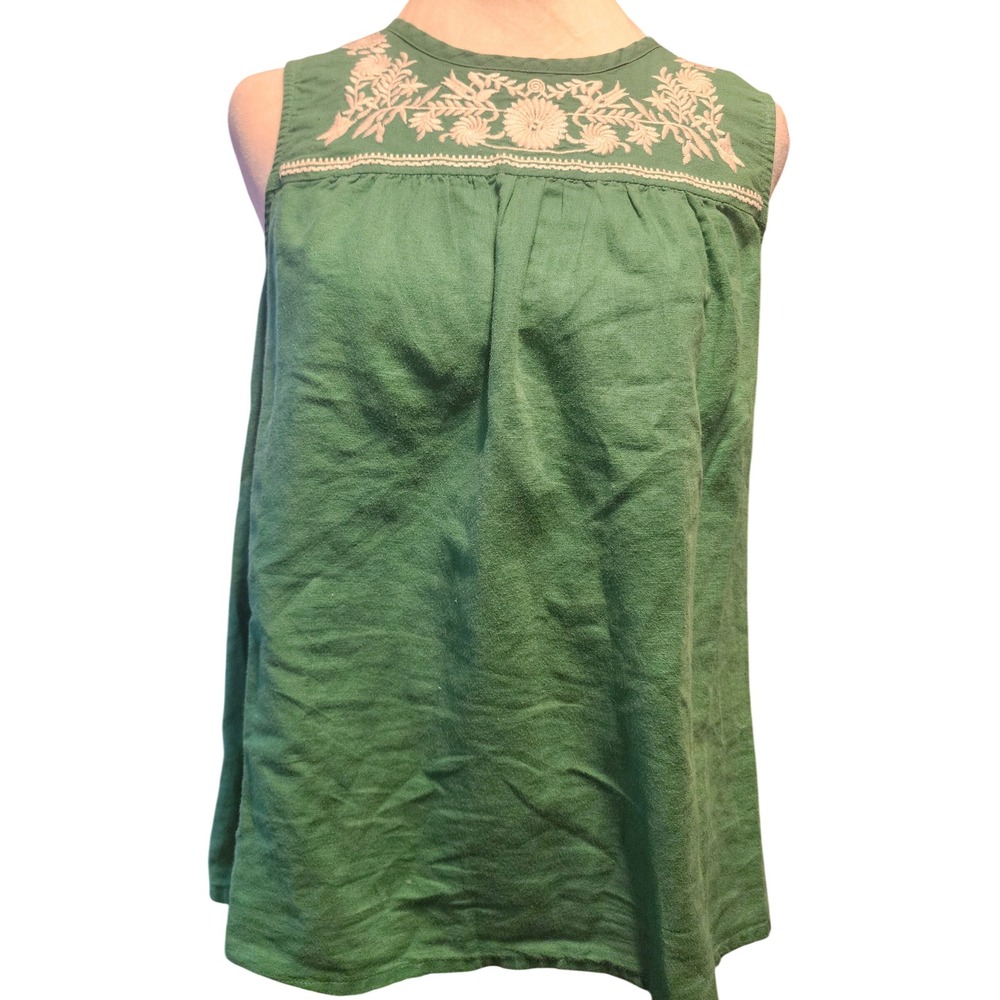 J.Crew Green Embroidered Linen Cotton Sleeveless Boho Blouse Top Size 10 RN77388
